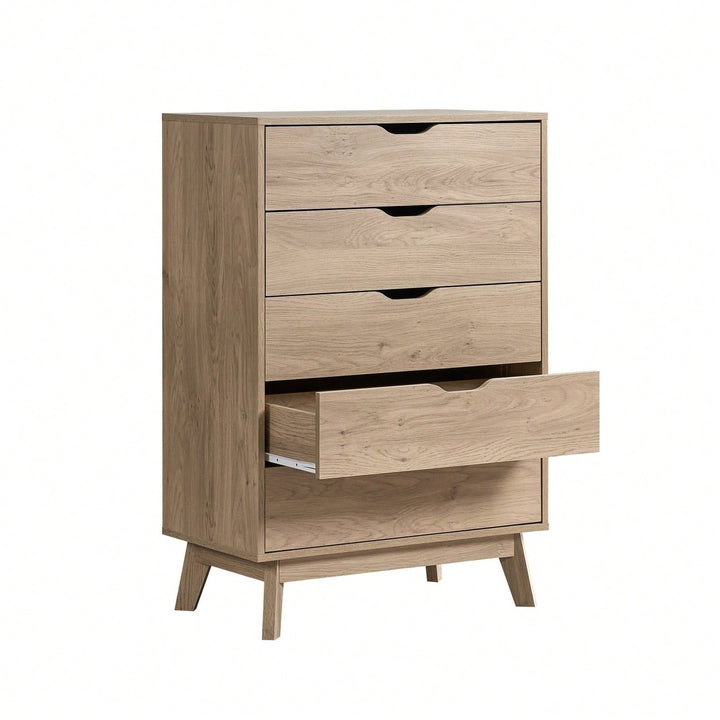 Tall 5 Drawer Dresser with Interlock Drawers Natural Oak Finish Easy Assembly Spacious Storage Safe Stylish Design Image 1