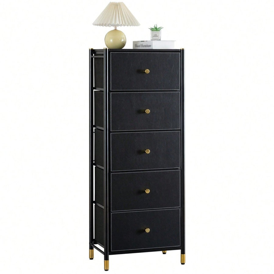 Tall 5 Drawer Dresser with PU Leather and Fabric Bins for Bedroom Storage Organizer Unit in Black Image 1