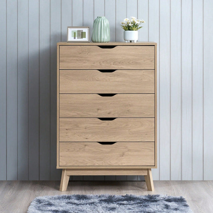 Tall 5 Drawer Dresser with Interlock Drawers Natural Oak Finish Easy Assembly Spacious Storage Safe Stylish Design Image 3