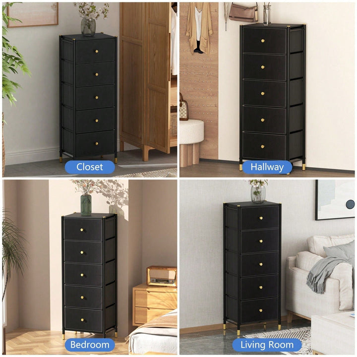 Tall 5 Drawer Dresser with PU Leather and Fabric Bins for Bedroom Storage Organizer Unit in Black Image 3