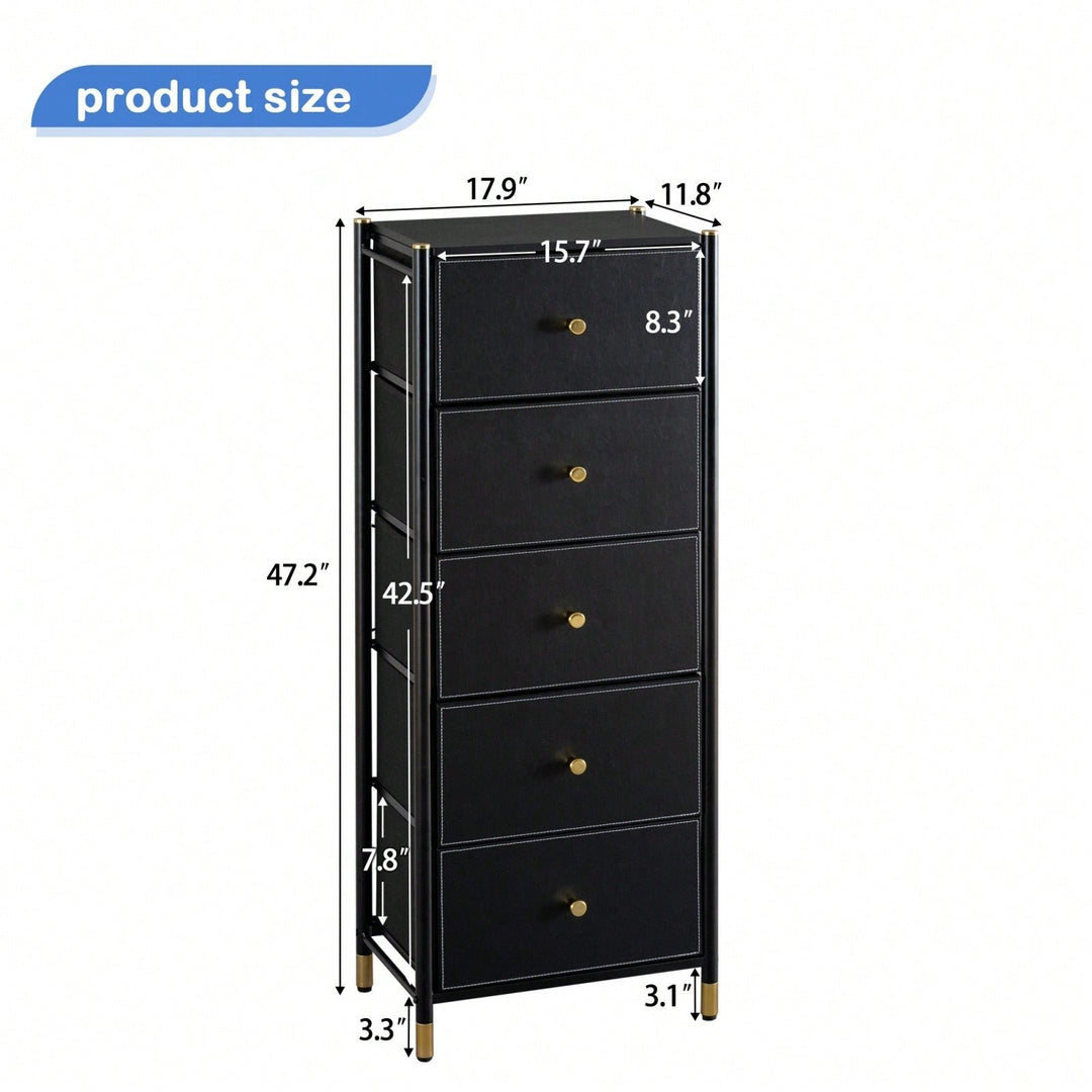 Tall 5 Drawer Dresser with PU Leather and Fabric Bins for Bedroom Storage Organizer Unit in Black Image 4