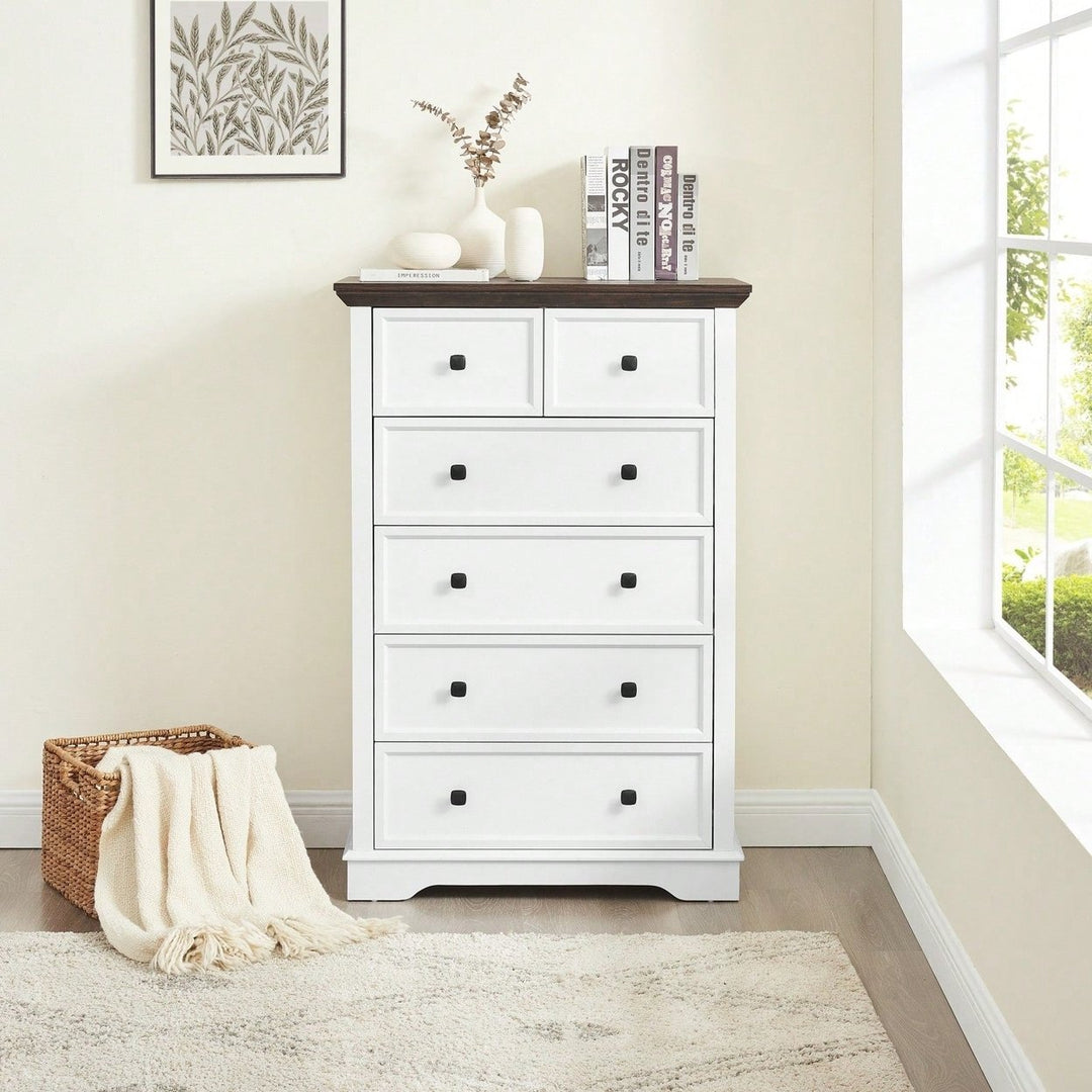 Tall 6 Drawer Fabric Dresser with Wood Grain Top and Metal Handles for Bedroom Storage and Organization Image 1