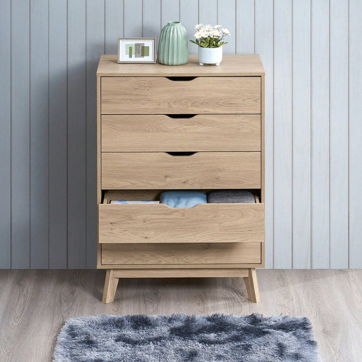 Tall 5 Drawer Dresser with Interlock Drawers Natural Oak Finish Easy Assembly Spacious Storage Safe Stylish Design Image 4