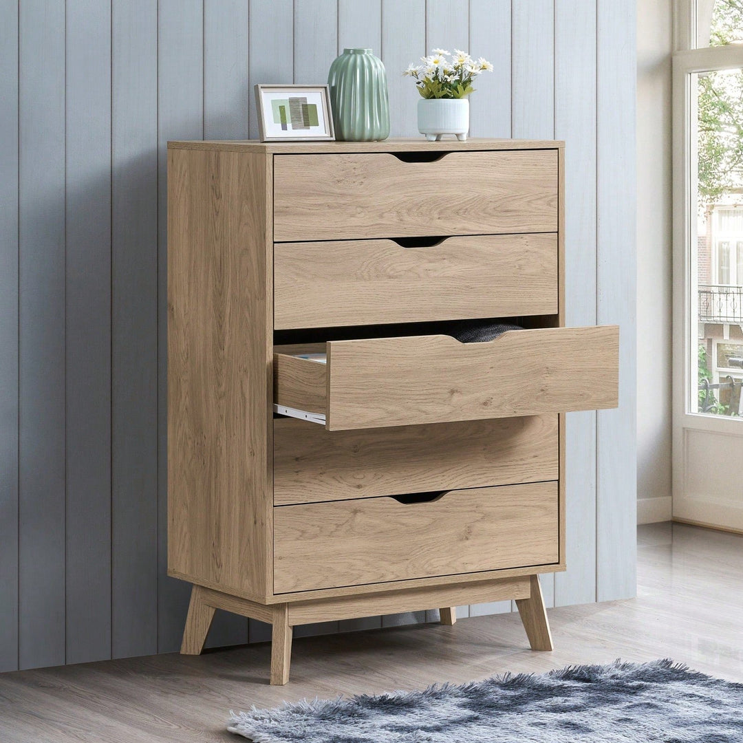 Tall 5 Drawer Dresser with Interlock Drawers Natural Oak Finish Easy Assembly Spacious Storage Safe Stylish Design Image 5