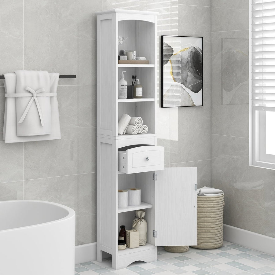 Tall Bathroom Cabinet, Freestanding Storage Unit with Drawer, MDF, Adjustable Shelf, Stylish White Storage Solution for Image 1