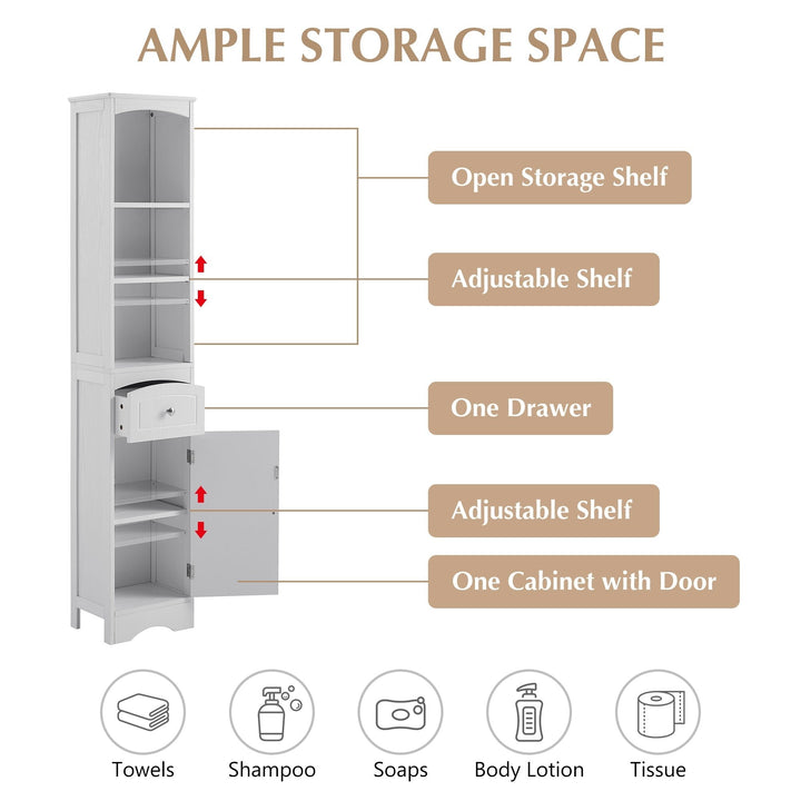 Tall Bathroom Cabinet, Freestanding Storage Unit with Drawer, MDF, Adjustable Shelf, Stylish White Storage Solution for Image 4