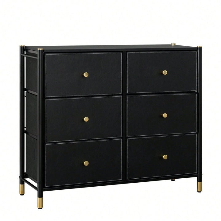 Tall Dresser With 6 PU Leather Drawers, Storage Tower With Fabric Bins, Double Dresser For Bedroom, Closet, Living Room, Image 1