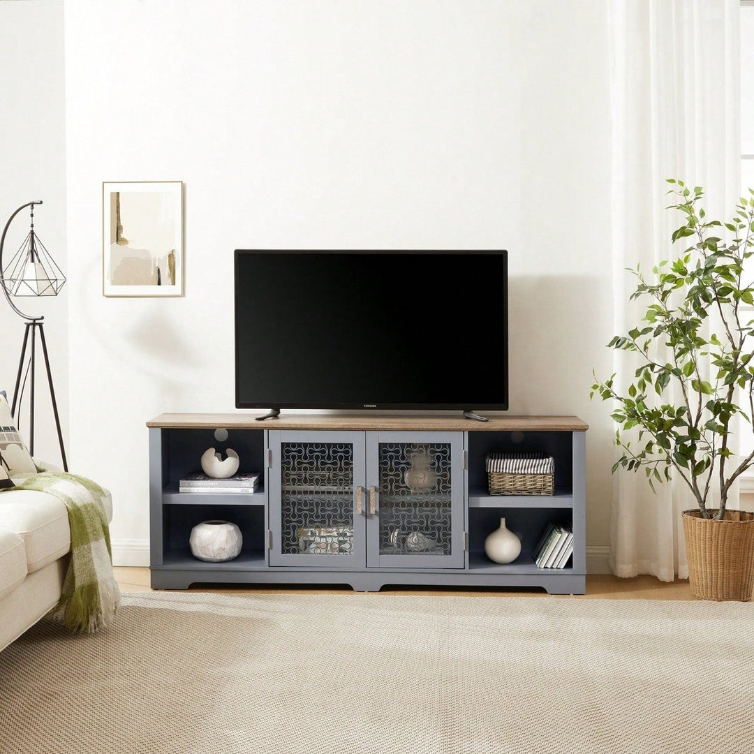 Spacious Farmhouse TV Stand for 80 Inch TVs with Open Shelves Glass Doors and Adjustable Storage in Light Blue and Oak Image 1