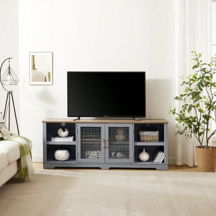 Spacious Farmhouse TV Stand for 80 Inch TVs with Open Shelves Glass Doors and Adjustable Storage in Light Blue and Oak Image 1