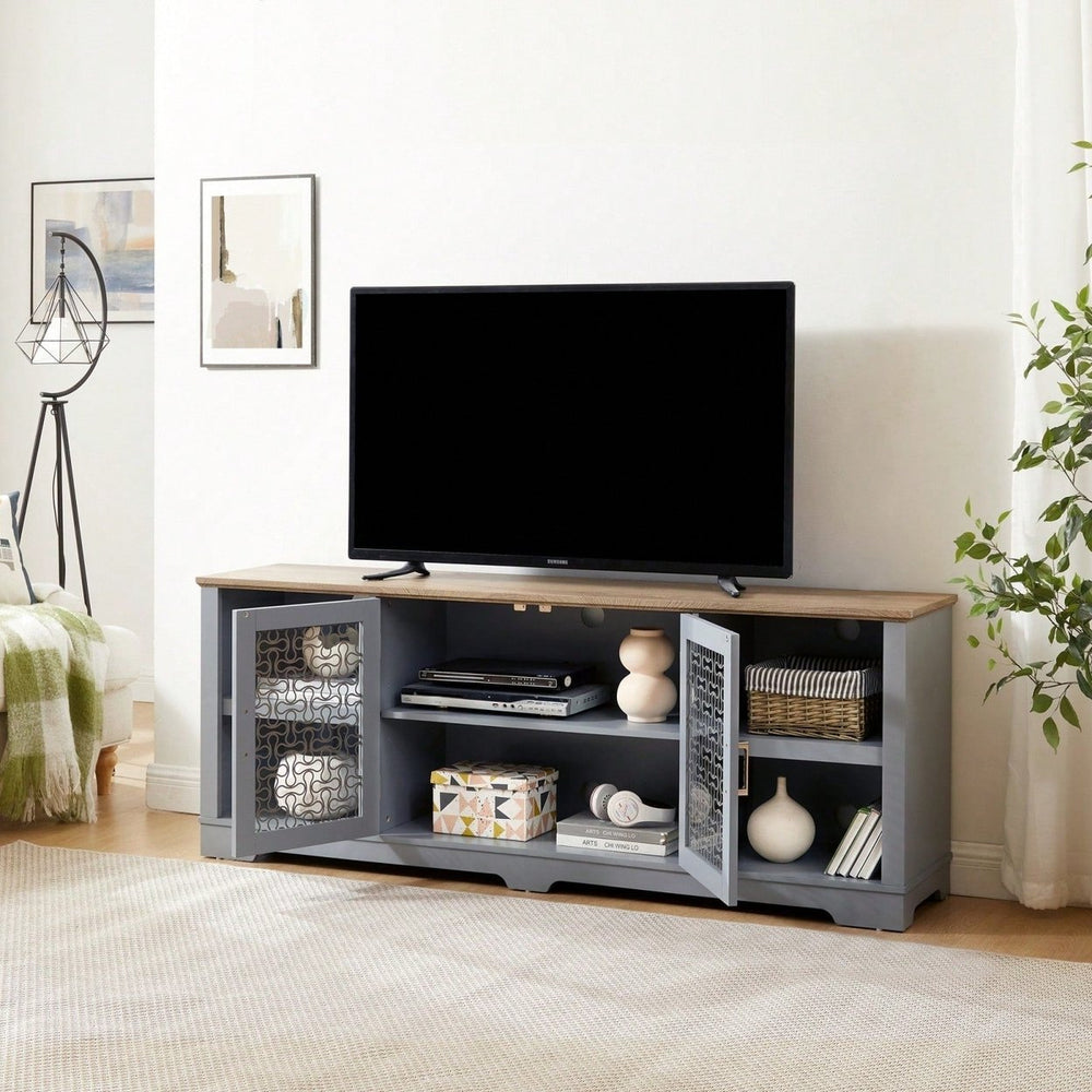 Spacious Farmhouse TV Stand for 80 Inch TVs with Open Shelves Glass Doors and Adjustable Storage in Light Blue and Oak Image 2