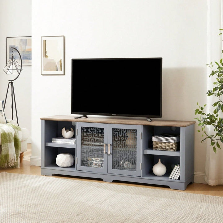 Spacious Farmhouse TV Stand for 80 Inch TVs with Open Shelves Glass Doors and Adjustable Storage in Light Blue and Oak Image 3