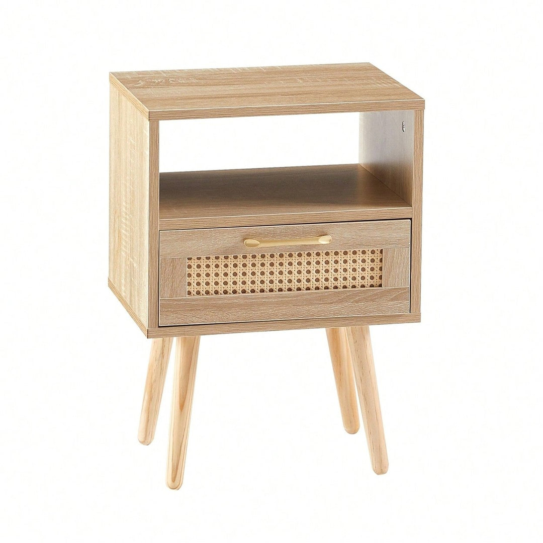 Stylish Rattan End Table with Drawer and Solid Wood Legs 15.75 Inch Nightstand for Living Room or Bedroom Natural Finish Image 1