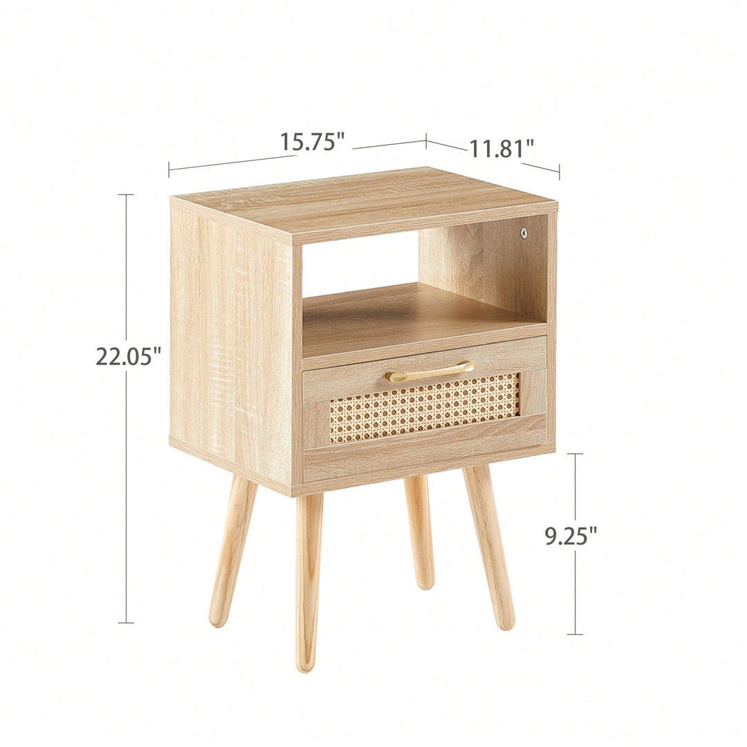 Stylish Rattan End Table with Drawer and Solid Wood Legs 15.75 Inch Nightstand for Living Room or Bedroom Natural Finish Image 4