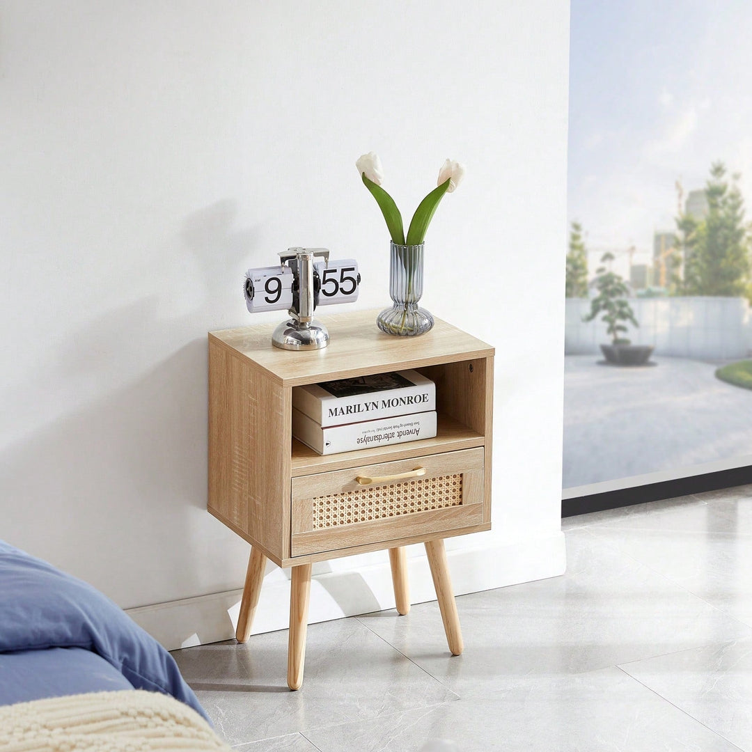 Stylish Rattan End Table with Drawer and Solid Wood Legs 15.75 Inch Nightstand for Living Room or Bedroom Natural Finish Image 7