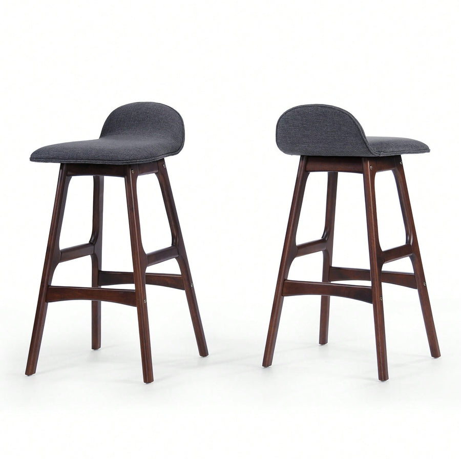 Stylish Set Of 2 Mid-Century Modern Upholstered Low Back Barstools In Charcoal With Walnut Finish  Perfect For Home Image 1