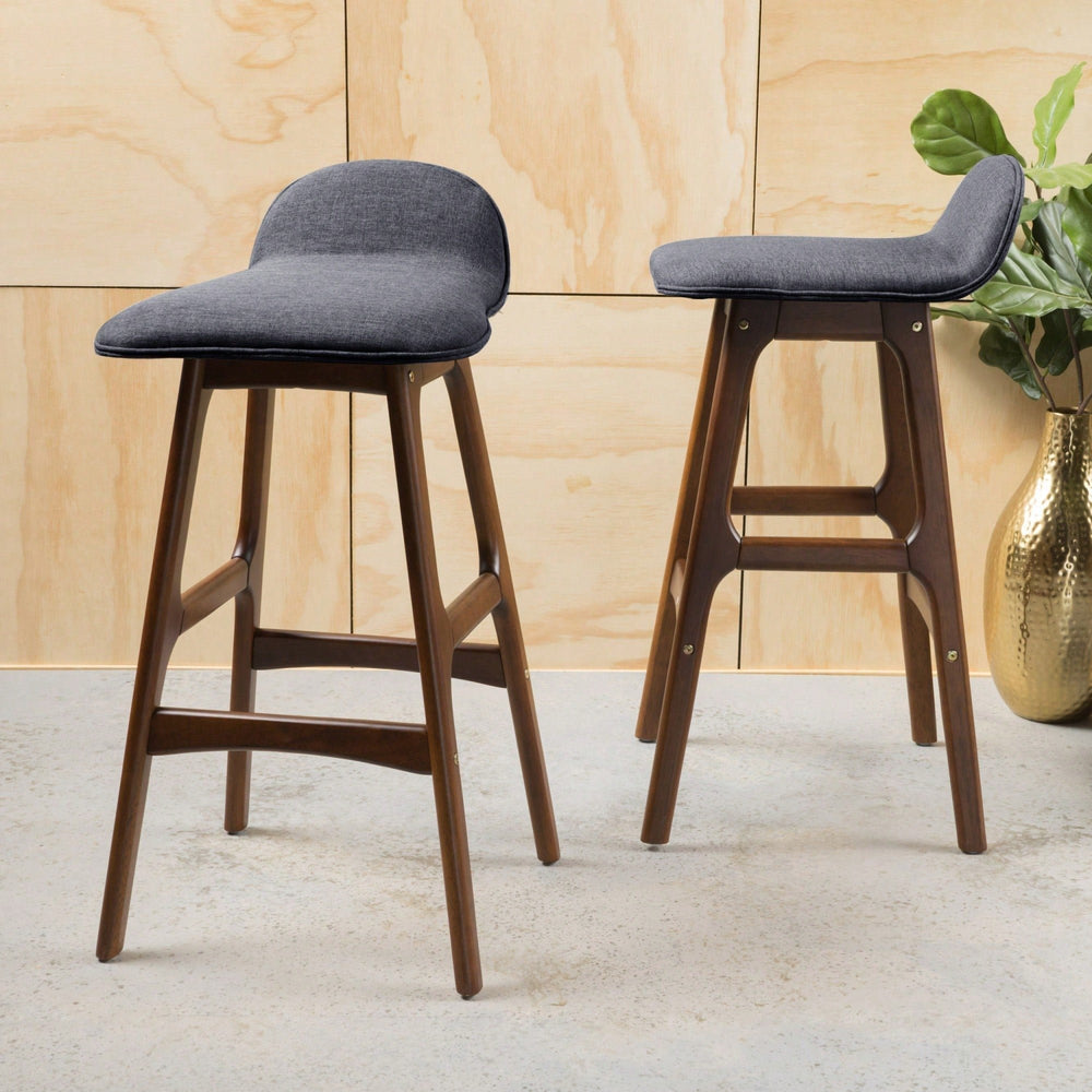 Stylish Set Of 2 Mid-Century Modern Upholstered Low Back Barstools In Charcoal With Walnut Finish  Perfect For Home Image 2