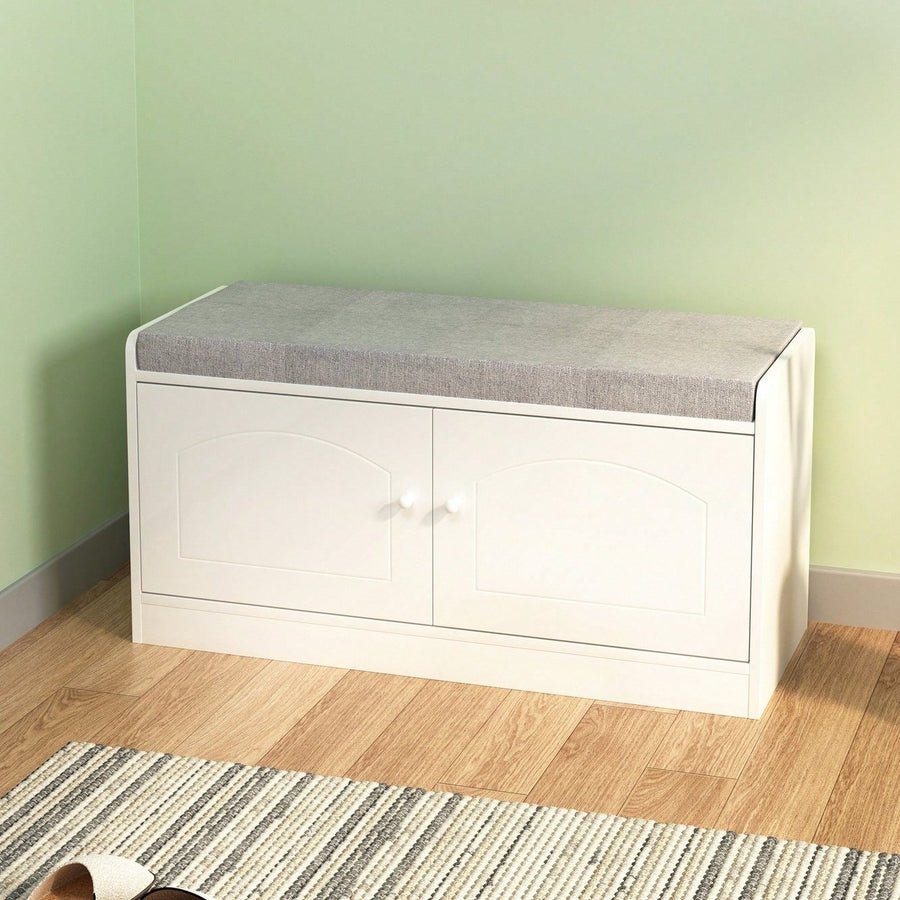 Stylish Shoe Storage Bench with Cushion Adjustable Shelves for Entryway Holds 12 Pairs Ventilated White Gray Image 1