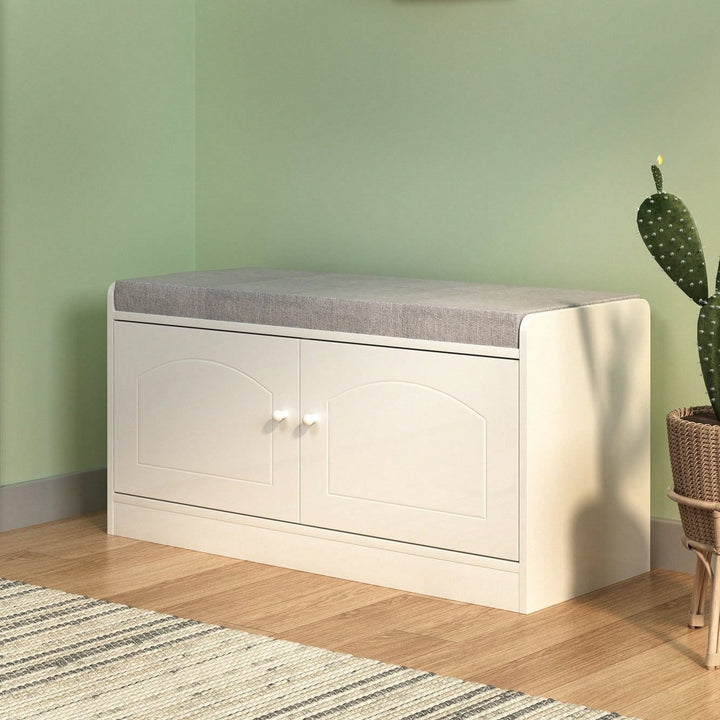 Stylish Shoe Storage Bench with Cushion Adjustable Shelves for Entryway Holds 12 Pairs Ventilated White Gray Image 2