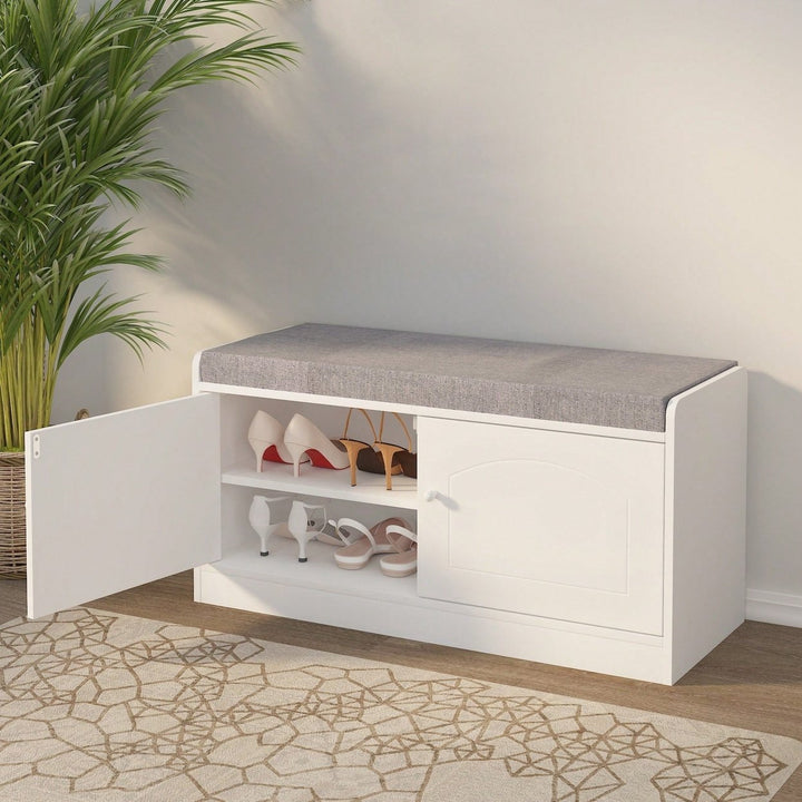 Stylish Shoe Storage Bench with Cushion Adjustable Shelves for Entryway Holds 12 Pairs Ventilated White Gray Image 4