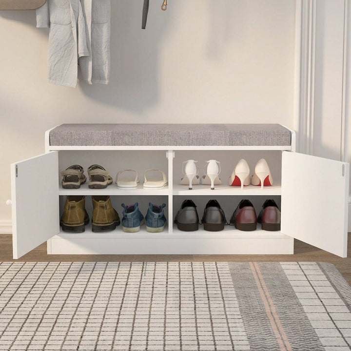 Stylish Shoe Storage Bench with Cushion Adjustable Shelves for Entryway Holds 12 Pairs Ventilated White Gray Image 6