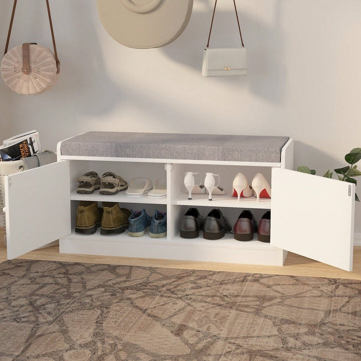 Stylish Shoe Storage Bench with Cushion Adjustable Shelves for Entryway Holds 12 Pairs Ventilated White Gray Image 7