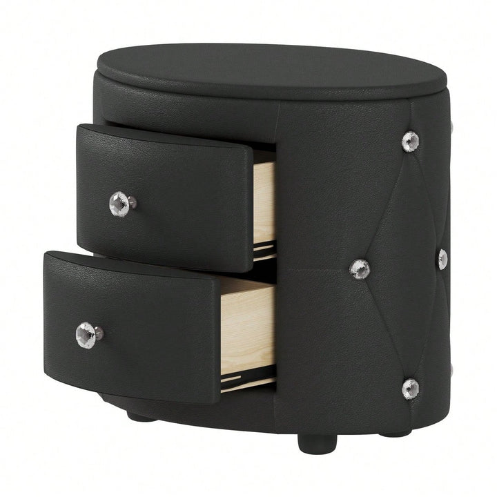 Stylish Black Nightstand with 2 Drawers and Crystal Handles Easy Assembly Bedside Table for Bedroom and Living Room Image 3