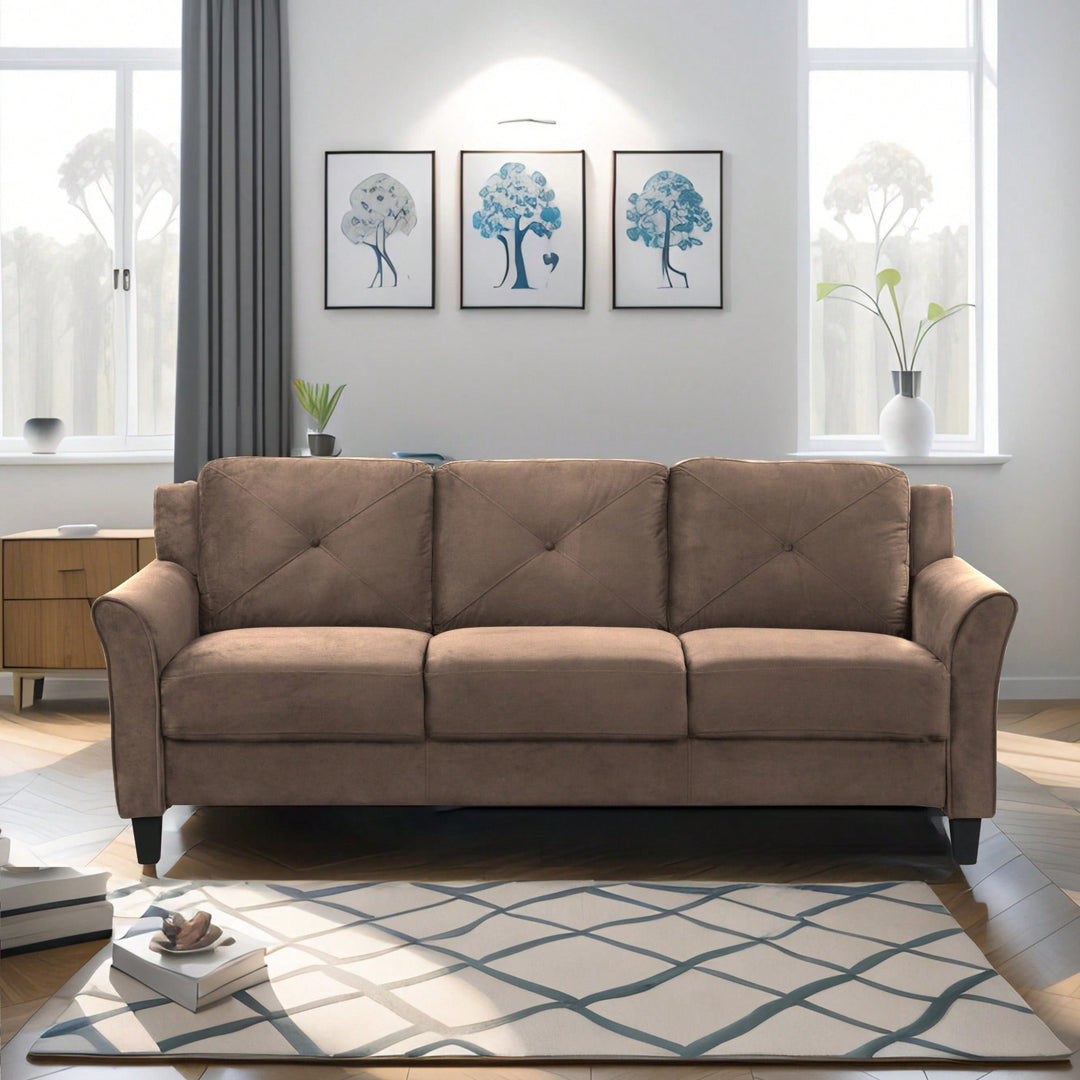 Stylish Brown Velvet Sofa For Two - Elegant Living Room Seating Solution Image 2