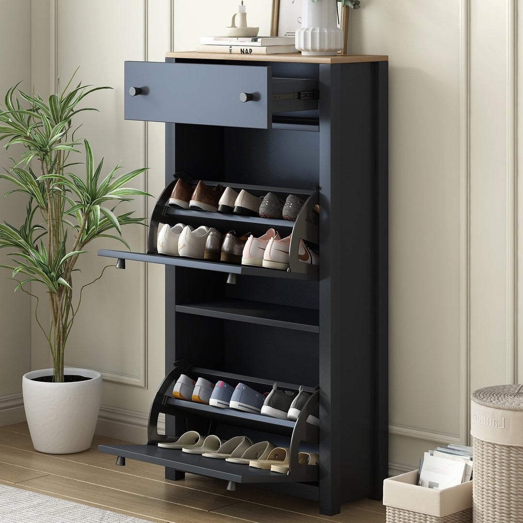 Stylish Entryway Shoe Cabinet with 2 Flip Drawers Adjustable Panel Black Wood Grain Finish Image 1