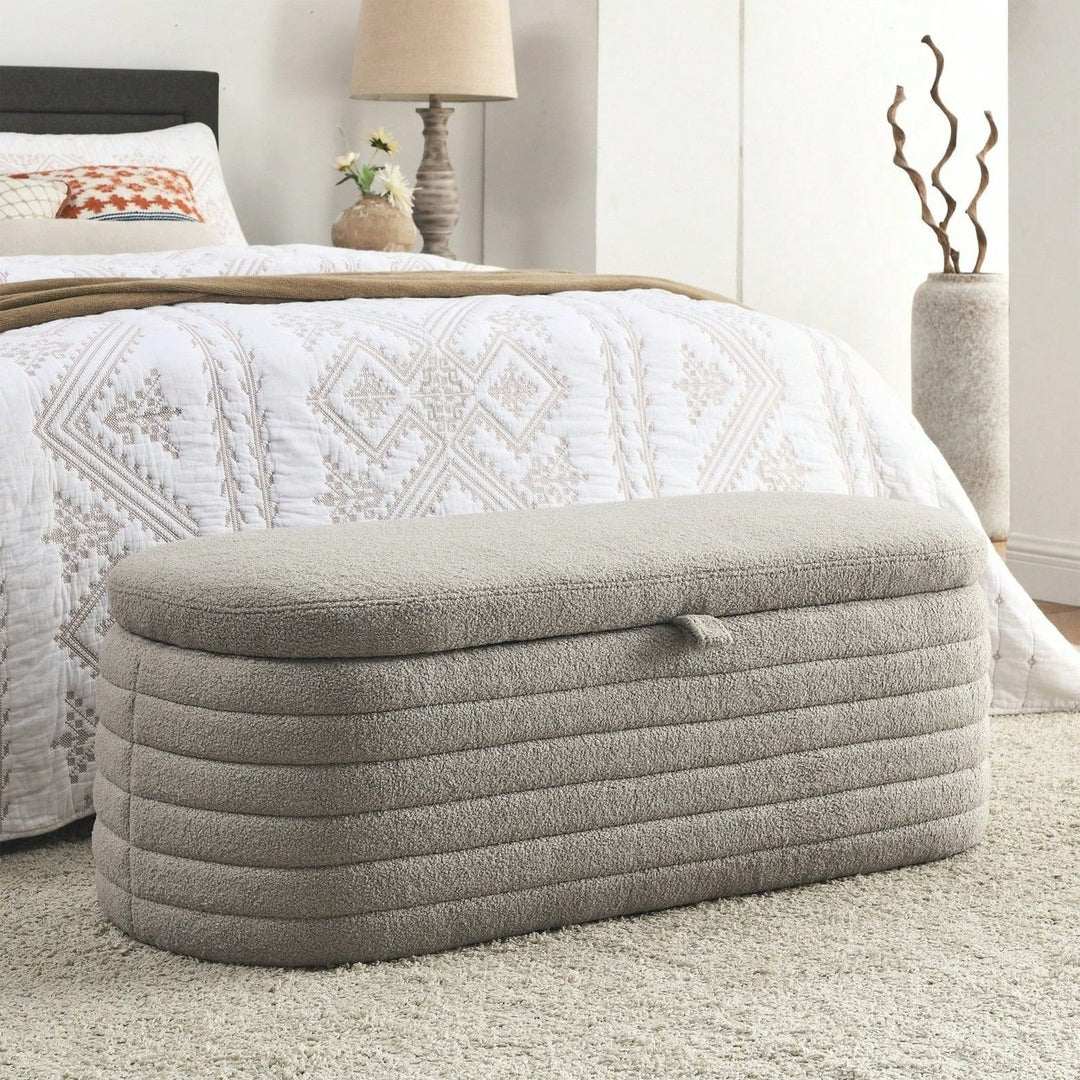 Upholstered Fabric Storage Bench End Of Bed Stool With Safety Hinge For Bedroom, Living Room, Entryway Image 1