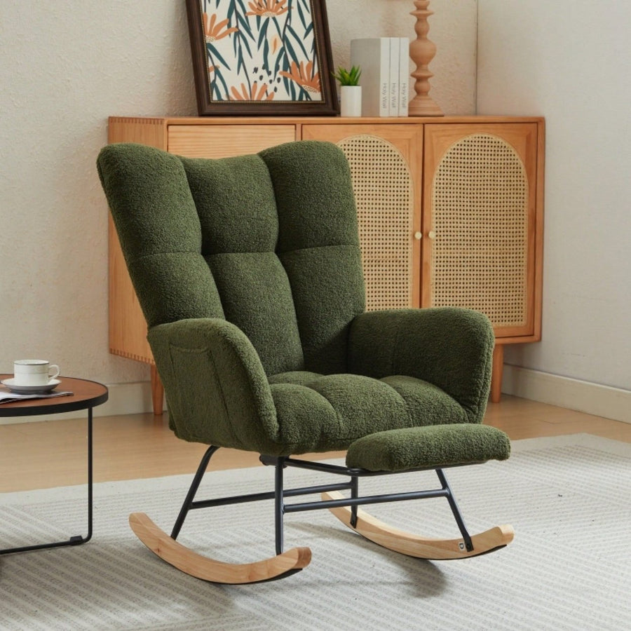 Upholstered High Back Rocking Chair Glider Accent Armchair With Solid Wood Legs For Nursery Bedroom Living Room In Green Image 1