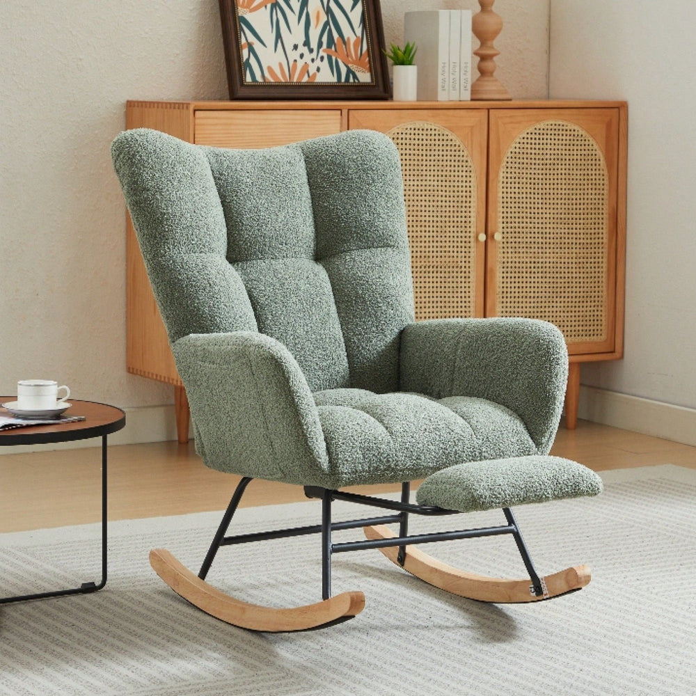 Upholstered High Back Rocking Chair Glider Accent Armchair With Solid Wood Legs For Nursery Bedroom Living Room In Green Image 2