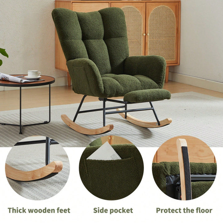 Upholstered High Back Rocking Chair Glider Accent Armchair With Solid Wood Legs For Nursery Bedroom Living Room In Green Image 3