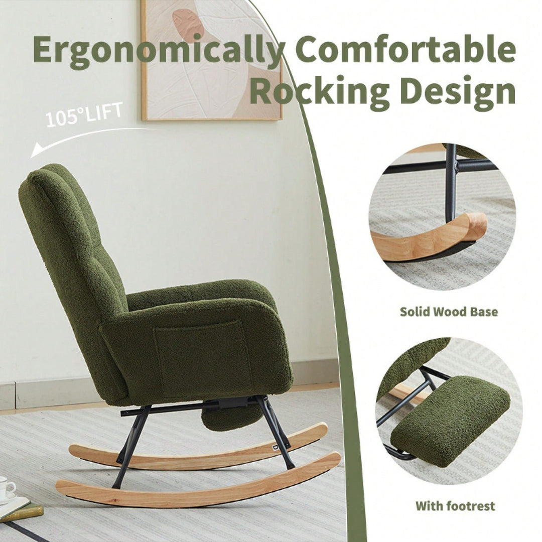 Upholstered High Back Rocking Chair Glider Accent Armchair With Solid Wood Legs For Nursery Bedroom Living Room In Green Image 4