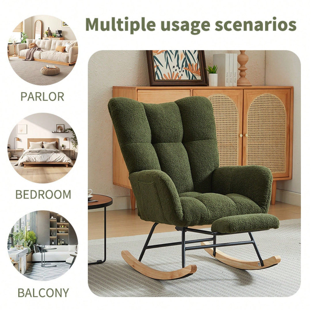 Upholstered High Back Rocking Chair Glider Accent Armchair With Solid Wood Legs For Nursery Bedroom Living Room In Green Image 5