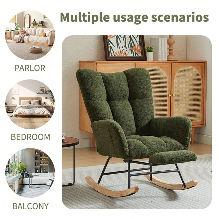 Upholstered High Back Rocking Chair Glider Accent Armchair With Solid Wood Legs For Nursery Bedroom Living Room In Green Image 5