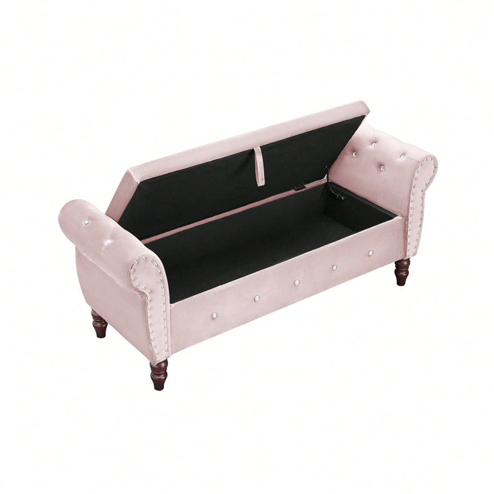 Velvet Multifunctional Storage Ottoman Bench With Crystal Buckle And Solid Wood Legs, Beige, Perfect For Living Room, Image 3