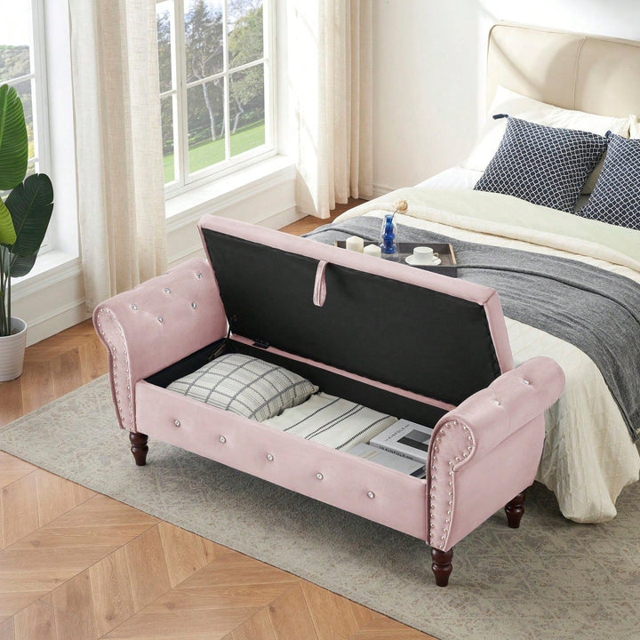 Velvet Multifunctional Storage Ottoman Bench With Crystal Buckle And Solid Wood Legs, Beige, Perfect For Living Room, Image 8