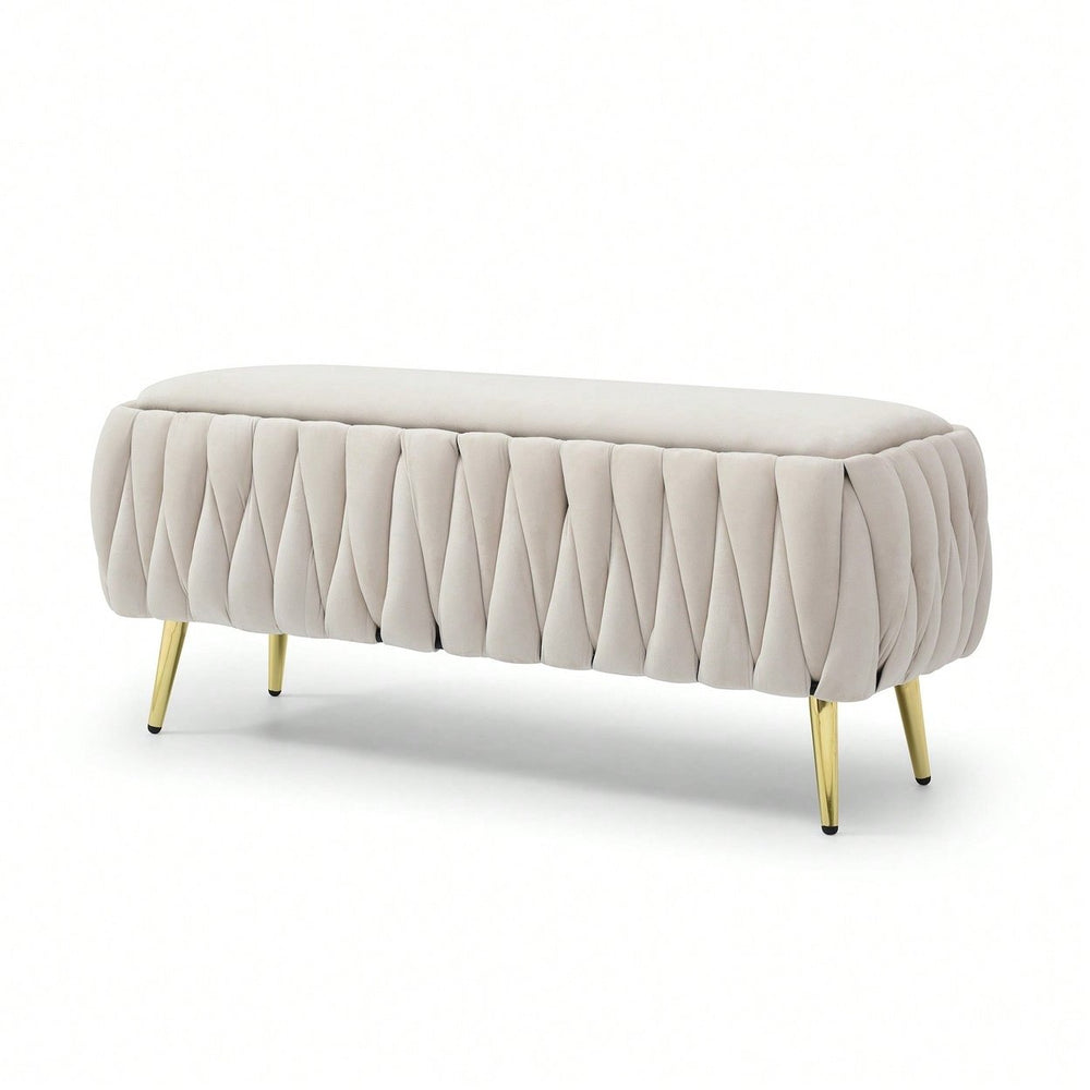 Velvet Oval Storage Bench With Gold Legs  Upholstered Ottoman For Bedroom, Living Room and Entryway  Sherpa Fabric Image 2