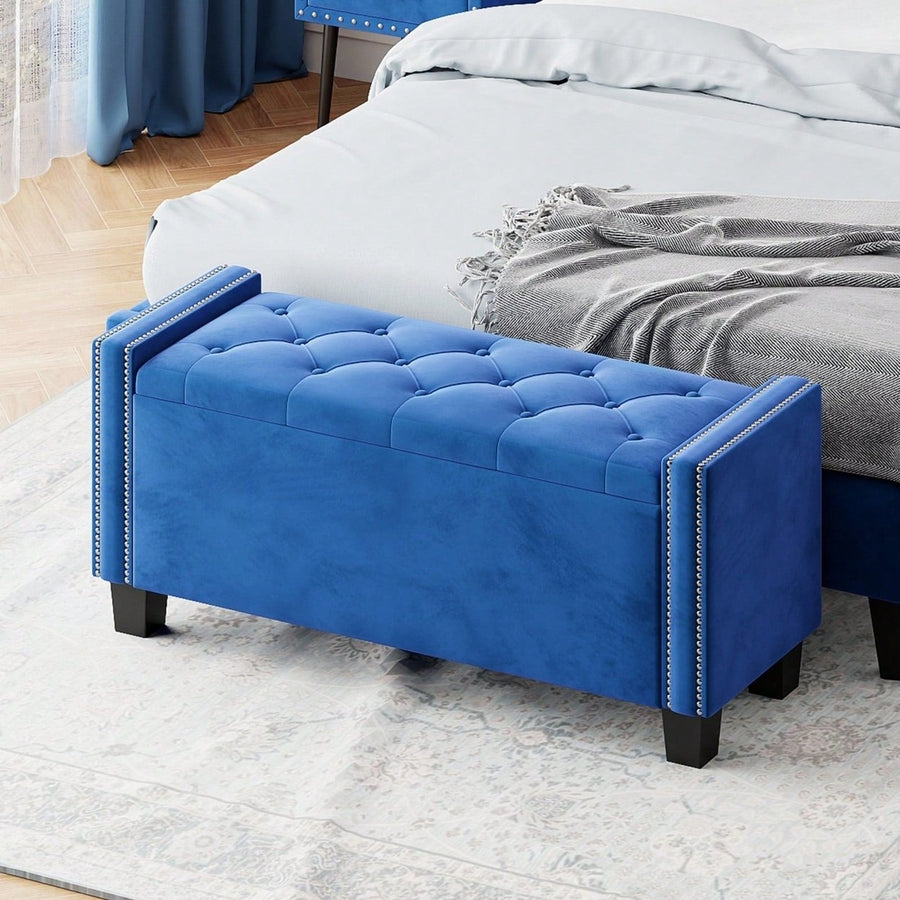 Velvet Storage Ottoman Bench For Bedroom, End Of Bed Storage Chest With Tufted Lid and Rivet Detail, Upholstered Image 1