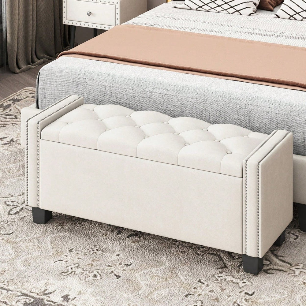 Velvet Storage Ottoman Bench For Bedroom, End Of Bed Storage Chest With Tufted Lid and Rivet Detail, Upholstered Image 2