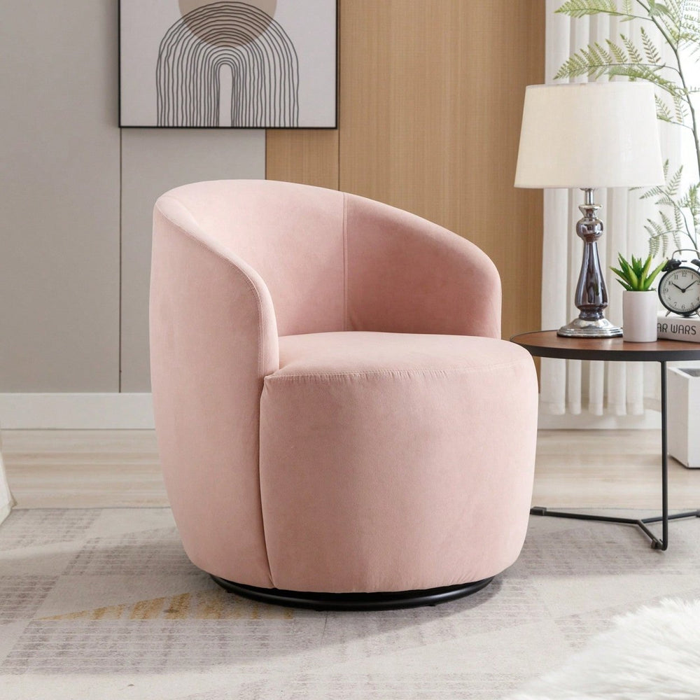 Velvet Upholstered Swivel Accent Chair Modern Barrel Chair With Metal Ring Base Comfortable Armchair For Living Room, Image 2