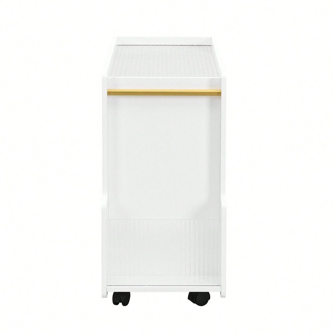 Versatile Modern Mobile End Table with Lockable Wheels and Elegant Fluted Glass Top for Living Room or Bedroom Image 1