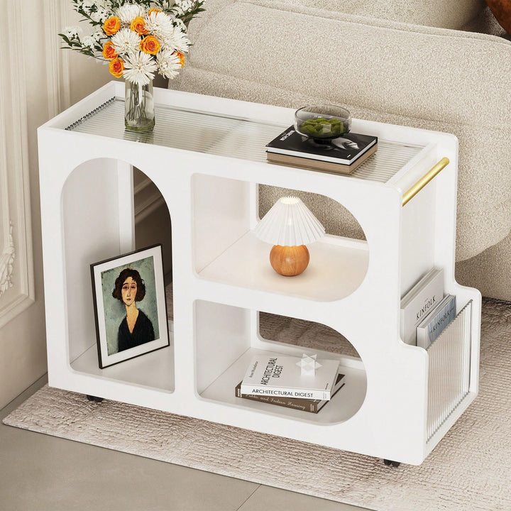 Versatile Modern Mobile End Table with Lockable Wheels and Elegant Fluted Glass Top for Living Room or Bedroom Image 6