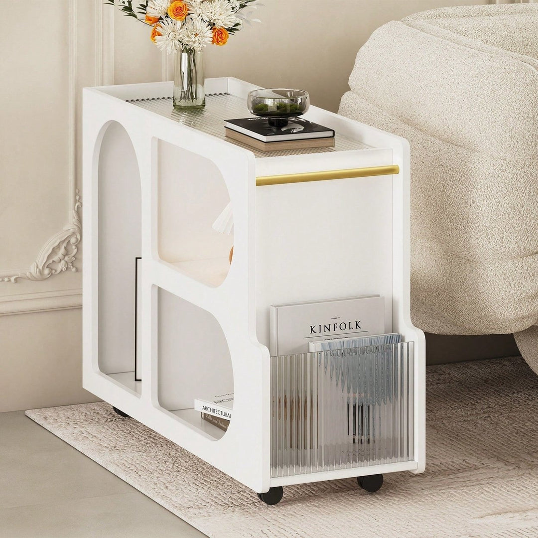 Versatile Modern Mobile End Table with Lockable Wheels and Elegant Fluted Glass Top for Living Room or Bedroom Image 7