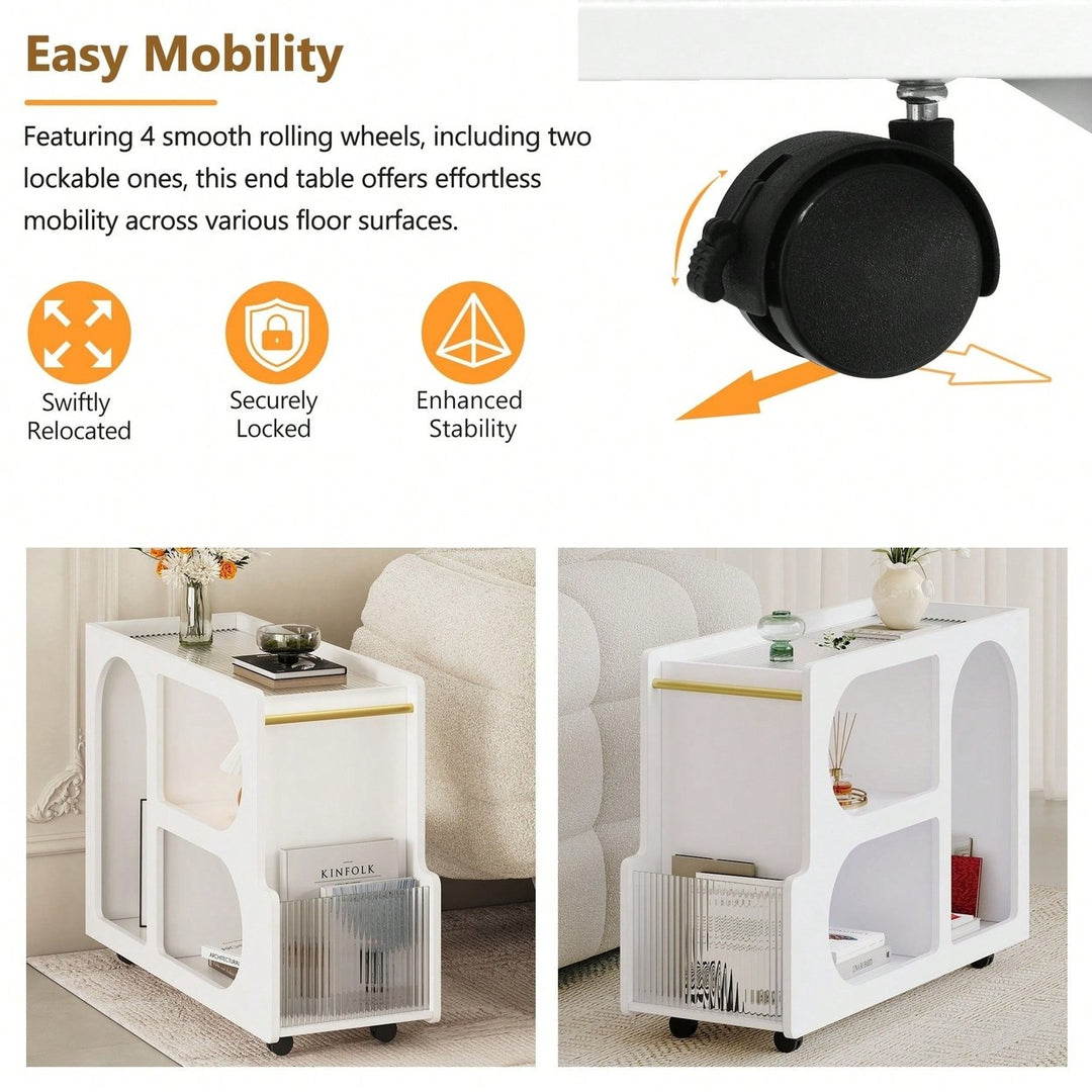 Versatile Modern Mobile End Table with Lockable Wheels and Elegant Fluted Glass Top for Living Room or Bedroom Image 8