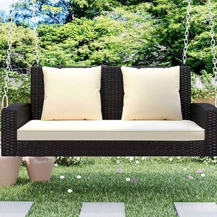 [Seats Up To 2 Persons] 2-Person Wicker Hanging Porch Swing With Chains, Cushion, Pillow, Rattan Swing Bench For Garden, Image 1