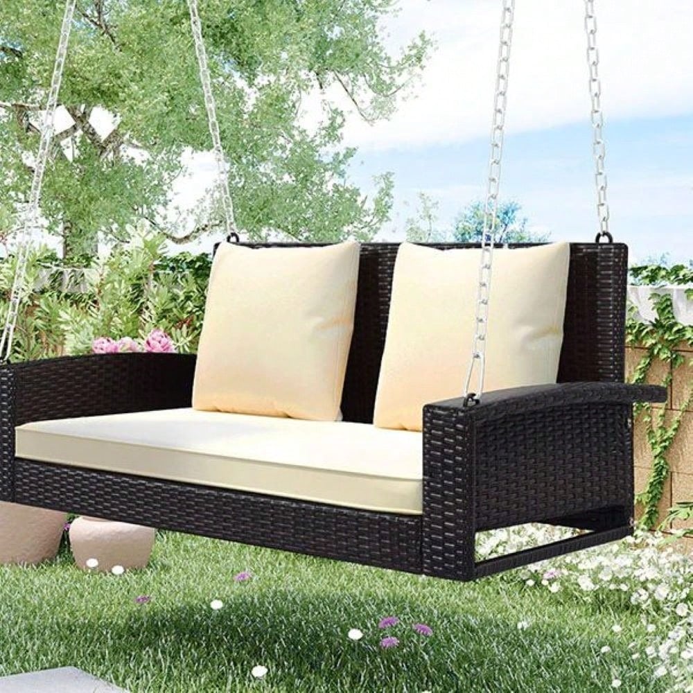 [Seats Up To 2 Persons] 2-Person Wicker Hanging Porch Swing With Chains, Cushion, Pillow, Rattan Swing Bench For Garden, Image 3