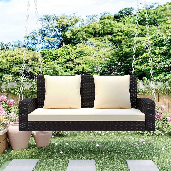 [Seats Up To 2 Persons] 2-Person Wicker Hanging Porch Swing With Chains, Cushion, Pillow, Rattan Swing Bench For Garden, Image 4