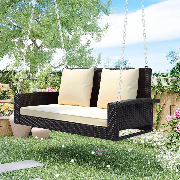 [Seats Up To 2 Persons] 2-Person Wicker Hanging Porch Swing With Chains, Cushion, Pillow, Rattan Swing Bench For Garden, Image 7