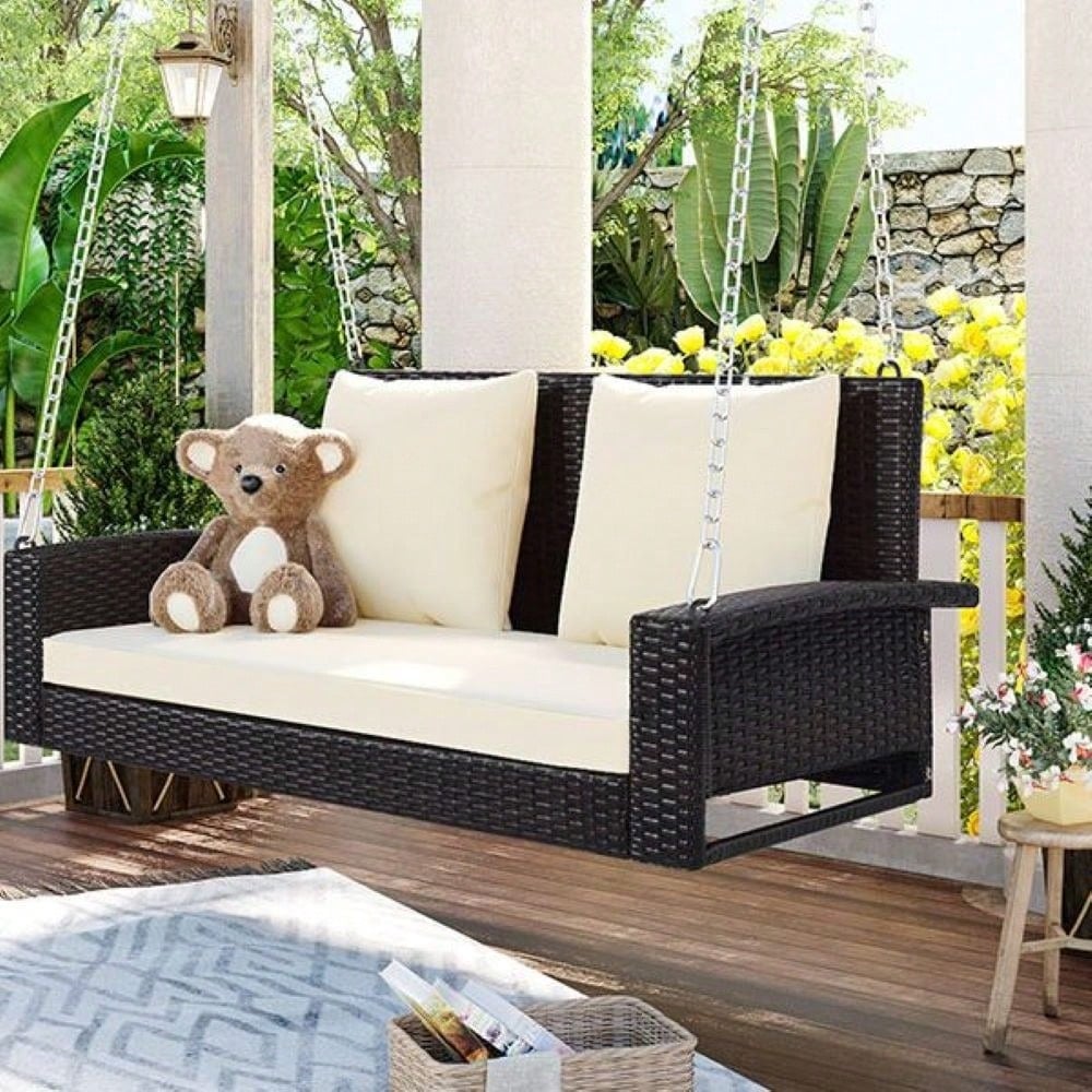 [Seats Up To 2 Persons] 2-Person Wicker Hanging Porch Swing With Chains, Cushion, Pillow, Rattan Swing Bench For Garden, Image 8